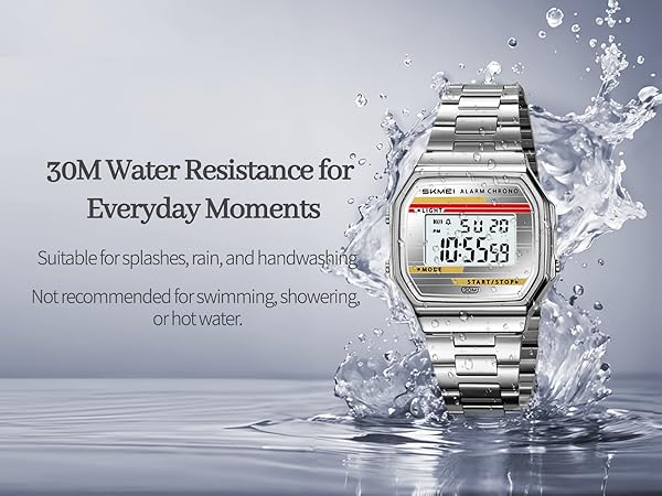 Unisex square digital size and specs stainless steel buckle zinc alloy case 30m water resistant