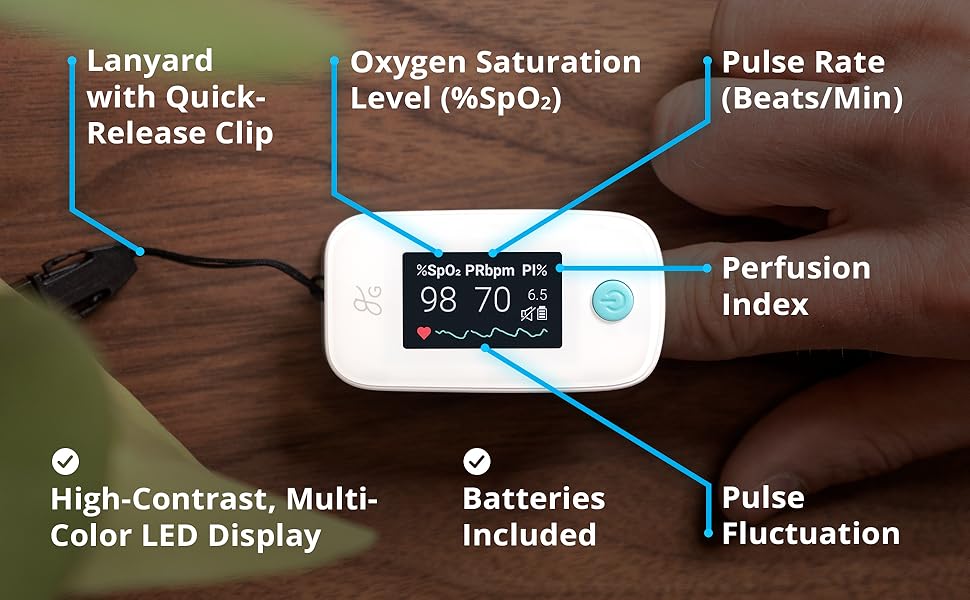 White pulse oximeter with LED display, battery indicator, and pediatric pulse ox support