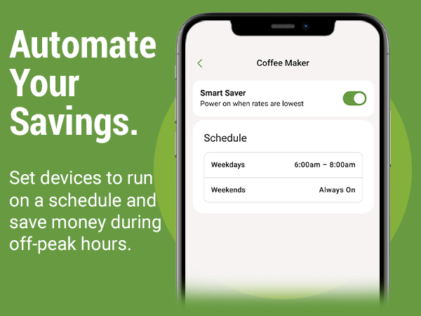 Emporia app showing a smart plug schedule for a coffee maker to save energy during off-peak hours.