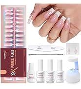 Beetles X Press Gel Nail Kit: Long Square French Tip Press On Nails Kit With 224Pcs Nail Tips Nai...