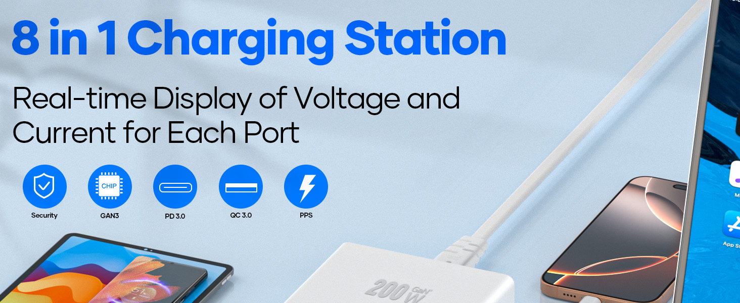 Text reads '8 in 1 Charging Station' and 'Real-time Display of Voltage and Current for Each Port'. Digital charging station with multiple device icons and display screen.