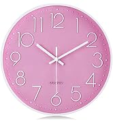 Lafocuse 12 Inch Pink Wall Clock Battery Operated for Kitchen Living Room, Silent Kids Analog Clo...