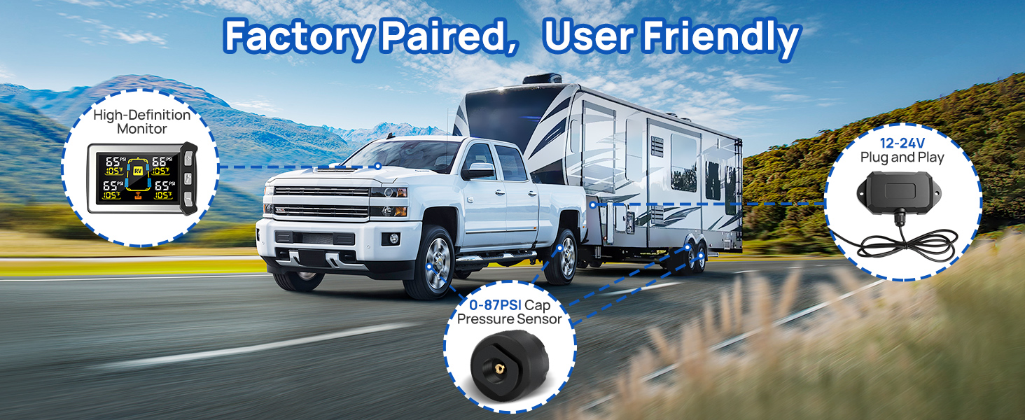 Masoll RV TPMS with 8 sensors, High Powered Signal booster, Factory paired, User Friendly