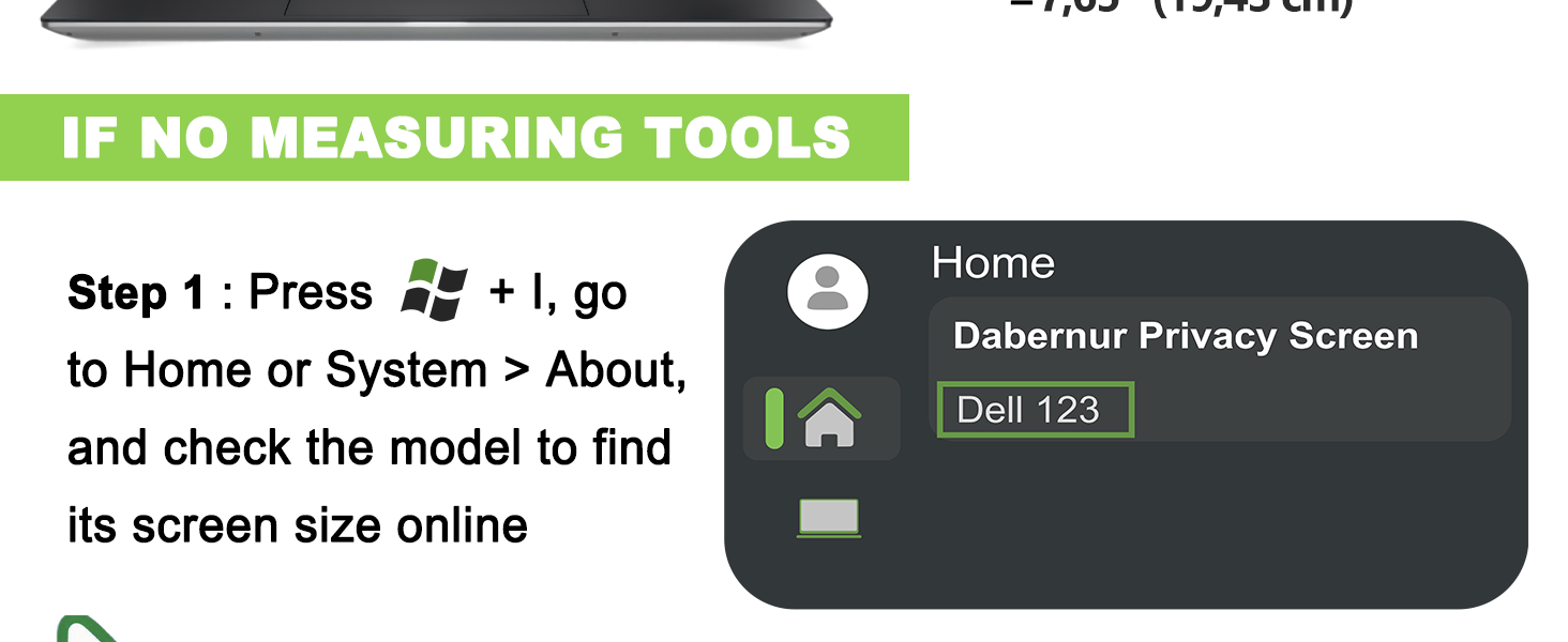 Text reads 'IF NO MEASURING TOOLS', 'Dabesmir Privacy Screen', 'Home', followed by interface elements showing steps for screen measurement.
