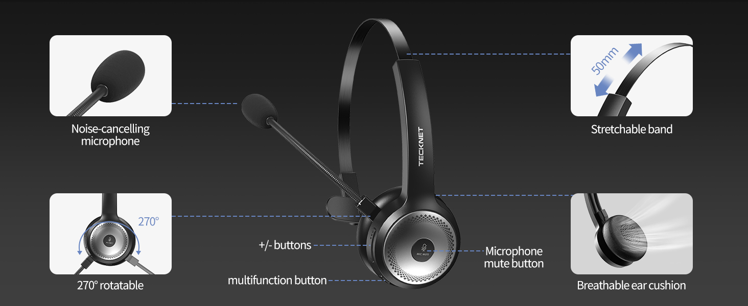 Headset with microphone boom and on-ear design. Features include noise-cancelling microphone, adjustable headband, and inline controls.