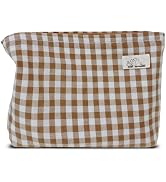 HAPPYHEIDI Khaki Gingham Cotton Makeup Bag Cosmetic Travel Pouch with Bottom, Make Up Purse Organ...