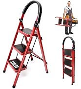 3 Step Ladder, Step Stool for Adults, Protable Steel Folding Stool with Wide Anti-Slip Pedal and ...