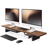 Fenge 42.5" Dual Monitor Stand with Storage Drawer & Solid Wood Legs, Brown | Modern Minimalist D...