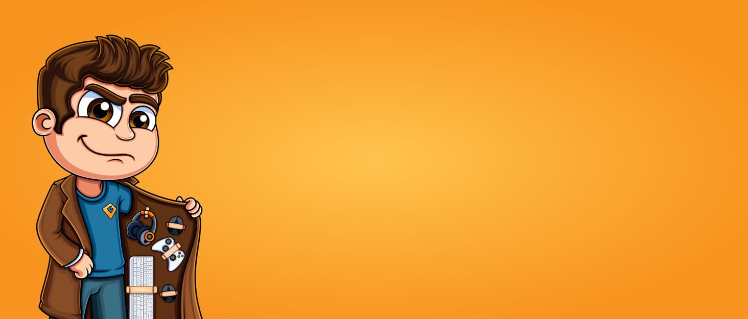 Gamer Boss mascot with headphones, keyboard, and mouse standing in front of an orange background