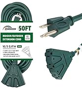 HONDERSON 50 Ft Outdoor Extension Cord with 3 Electrical Power Outlets - 16/3 SJTW Durable Green ...