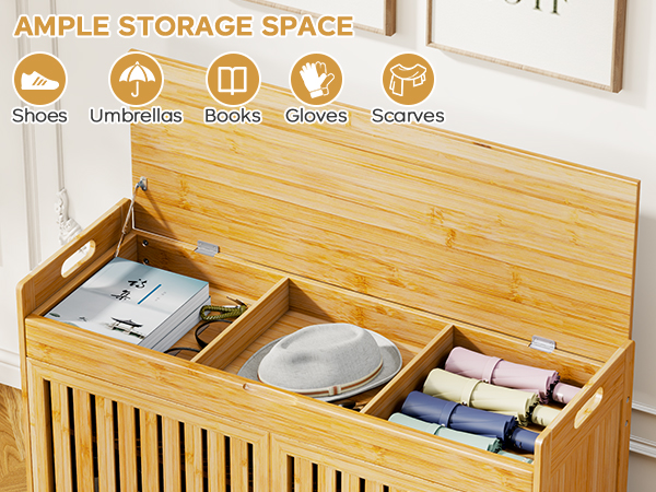 Shoe Storage Bench, Bamboo Entryway Bench with 2 Doors & Padded Seat Cushion