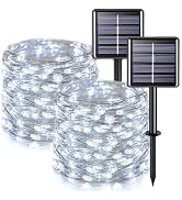 JMEXSUSS White Solar String Lights Outdoor Waterproof, 2 Pack Total 66FT 200 LED Solar Fairy Ligh...
