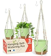 Green Hanging Self Watering Pots with Macrame Ivory Rope, 3 Pack Indoor & Outdoor Hanging Plant P...