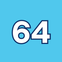 the number 64 in an illustrated style on a blue background