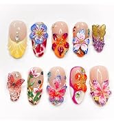 LBPEPAMZ 24Pcs Flower Press on Nails Medium Almond Fake Nails with 3D Colorful Spring Floral