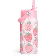 SANDJEST Strawberry Kids Water Bottle with Straw Lid 12oz Insulated Stainless Steel, Travel Tumbl...