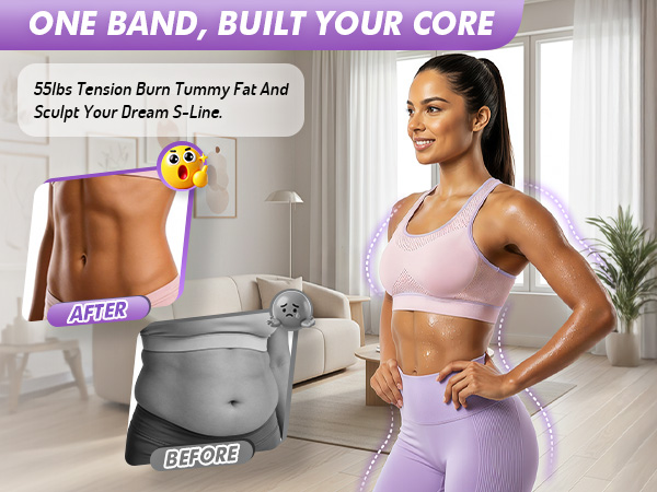 Women show toned waistlines in a home, with workouts and resistance bands.