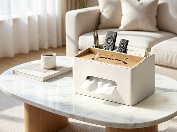 Fanousy Rectangular Tissue Box Cover, PU Leather Facial Tissue Holder with Storage Tray