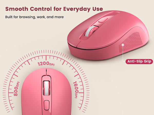 Pink wireless mouse with adjustable DPI and anti-slip grip for smooth control.