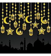 16pcs Ramadan Decorations Gold Star Moon Lantern Garland Pre-Assembled Shining Hanging Ramadan Mu...