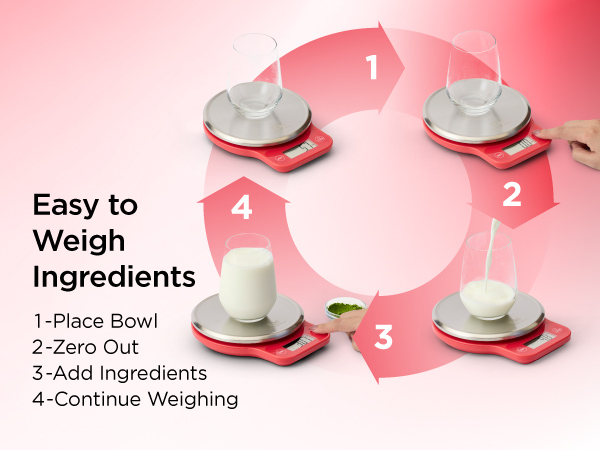 Digital kitchen scale with tare function for weighing multiple ingredient step by step during baking