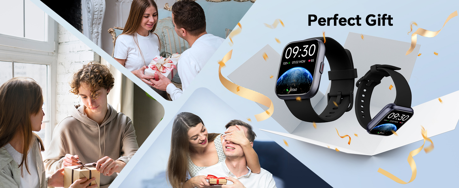 Text reads 'Perfect Gift'. Split image showing smartwatches with digital displays and lifestyle scenes of people in social settings.