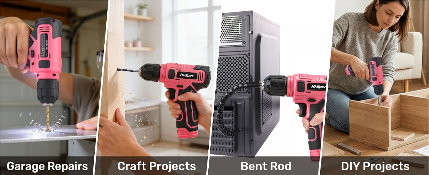 Pink Tool Set with 8V Drill Set. Complete Cordless & Rechargeable USB Electric Drill Driver