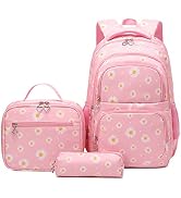 YJMKOI 3Pcs Daisy Prints Backpack for Girls Middle-School Elementary Students Bookbag Set with Lu...
