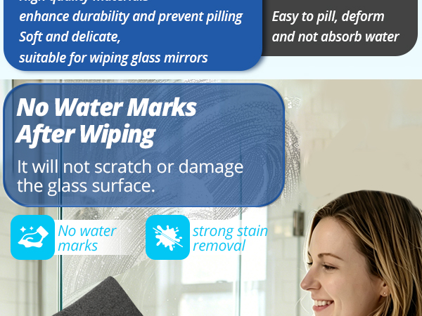Woman cleaning a glass shower door with our cloth. No water marks, scratches, or surface damage.