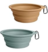 Collapsible silicone pet bowls in tan and sage green colors, featuring carabiner clips and ridged exterior design for easy storage.