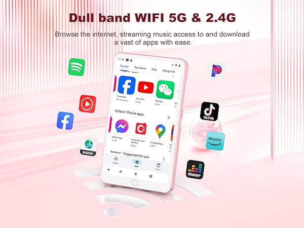 Smartphone displaying app icons on pink background. Text highlights dual-band WiFi (5G & 2.4G) for internet browsing, streaming, and app downloads. Various popular app logos float around the device.