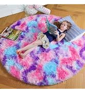 Amdrebio Hot Pink Rainbow Round Circle Area Rug 4Ft for Girls Bedroom, Fluffy Cute Fuzzy Colorful...