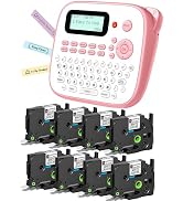 Label Maker Machine with 8PK White 12mm Tapes, Pink Label Maker Waterproof-Labels, Desktop Labele...