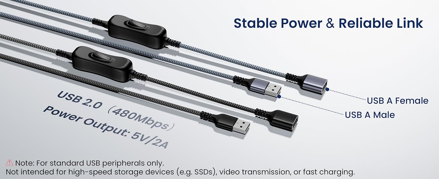 Text reads 'Stable Power & Reliable Link' and 'USB 2.0 Type-C & 3 bends'. Black charging or data cables with stable connectors displayed against light background.