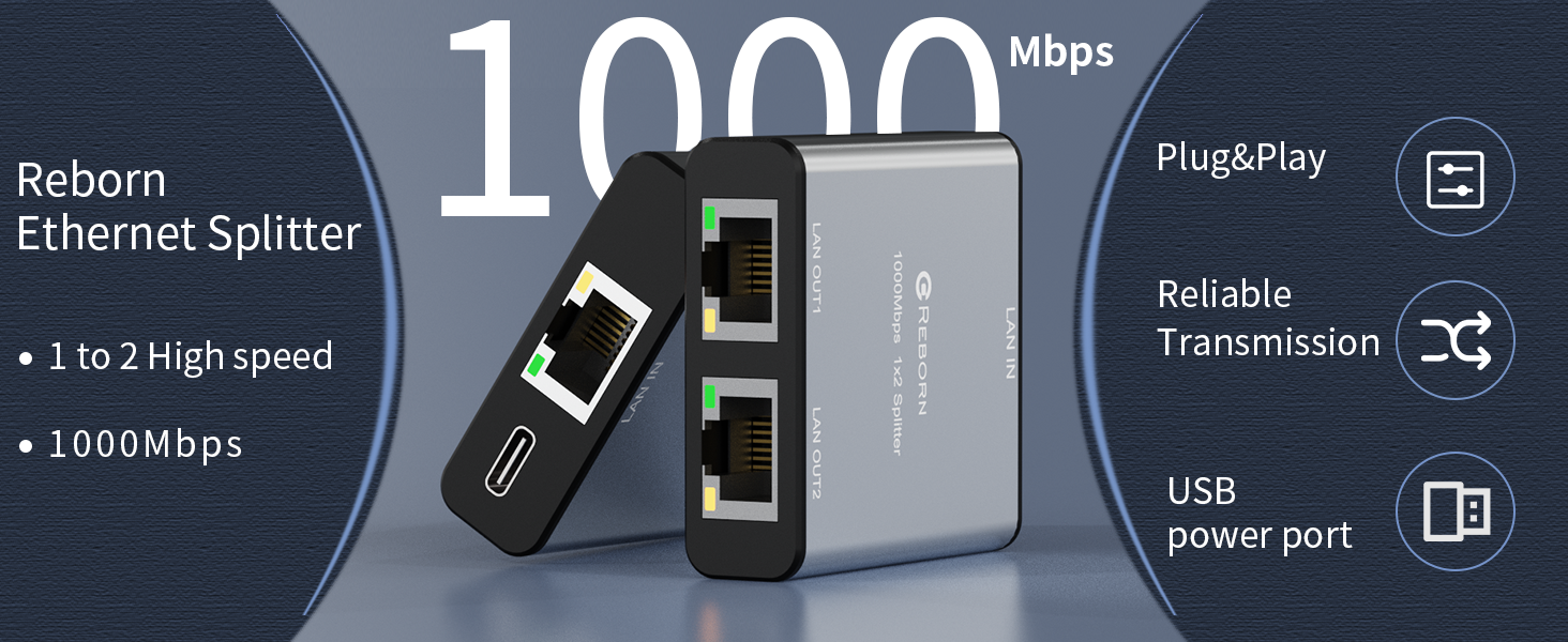 Reborn Ethernet Splitter 1 to 2 High speed 1000Mbps