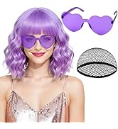 PLULON Light Purple Wavy Bob Wigs with Bangs Heart Sunglasses Hair Cap for Women, Colored Synthet...