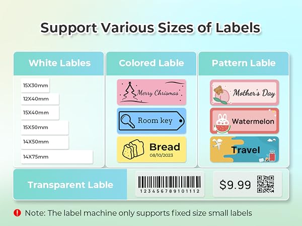 Label machine advertisement showing various label sizes and types, including white, colored, patterned, and transparent labels. Features examples like 'Merry Christmas', 'Room key', and 'Bread'. Price shown as $9.99.