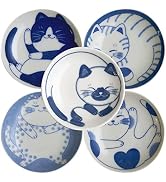 LOVE LOVE JAPAN Dessert Sushi Soy Sauce Salad Small Plate Set Ceramic Cats Design Set of 5 Made I...