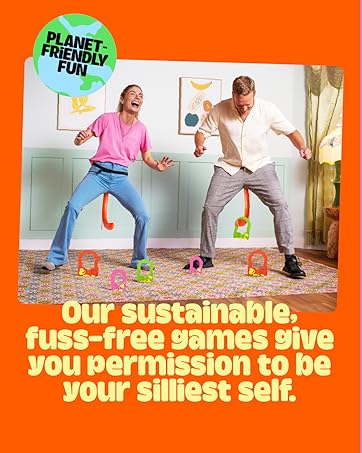 Two people playing a floor-based game with colored cones. Text promotes sustainable, fuss-free games encouraging playful behavior.