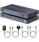 KVM Switch 3 Monitors 2 Laptops 4K@60Hz, USB C KVM Switcher with PD Charging Function for 2 Compu...