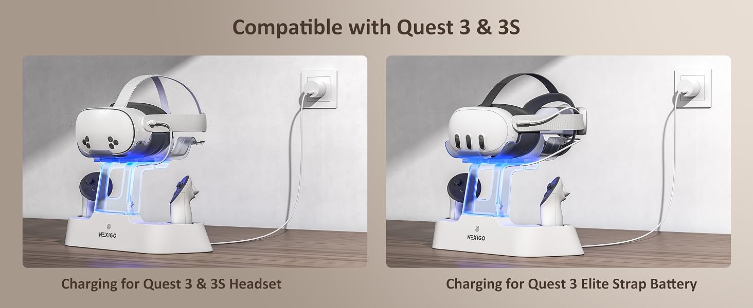 The charging dock is charging the Quest 3 & 3S headset and Elite strap with battery.