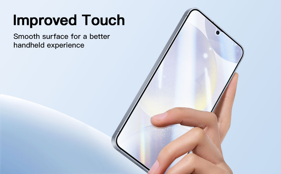 Smartphone held in hand, showcasing smooth surface for improved touch experience. Text overlay highlights 'Improved Touch' feature.