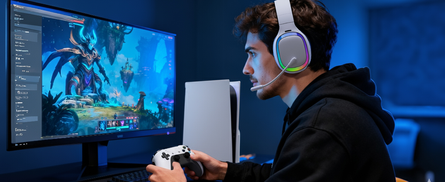A gamer wearing the white wireless headset enjoying an immersive PS5 RPG gaming experience