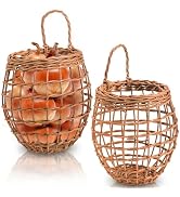 Elsjoy Set of 2 Hanging Onion Basket, Wall Mount Small Wicker Baskets for Food Storage, Woven Rat...