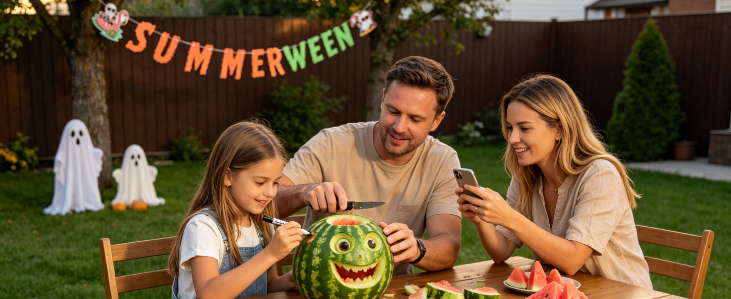 Family carving watermelon face, Summerween banner on fence.