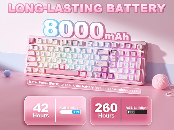 Text reads 'LONG-LASTING BATTERY' '8000 Hours' '42 Hours' '260 Hours'. Pink gaming keyboard with RGB lighting displayed against pink background showing battery life statistics.