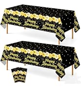 WNINK 2 Pack Black Gold Happy Birthday Tablecloths, 54 x 108 Inch Disposable Waterproof Plastic T...