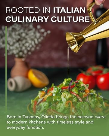 Golden oil pourer drizzling olive oil onto fresh salad. Background shows Italian ingredients: tomatoes, lemon. Text highlights Tuscan culinary heritage and everyday functionality of the product.