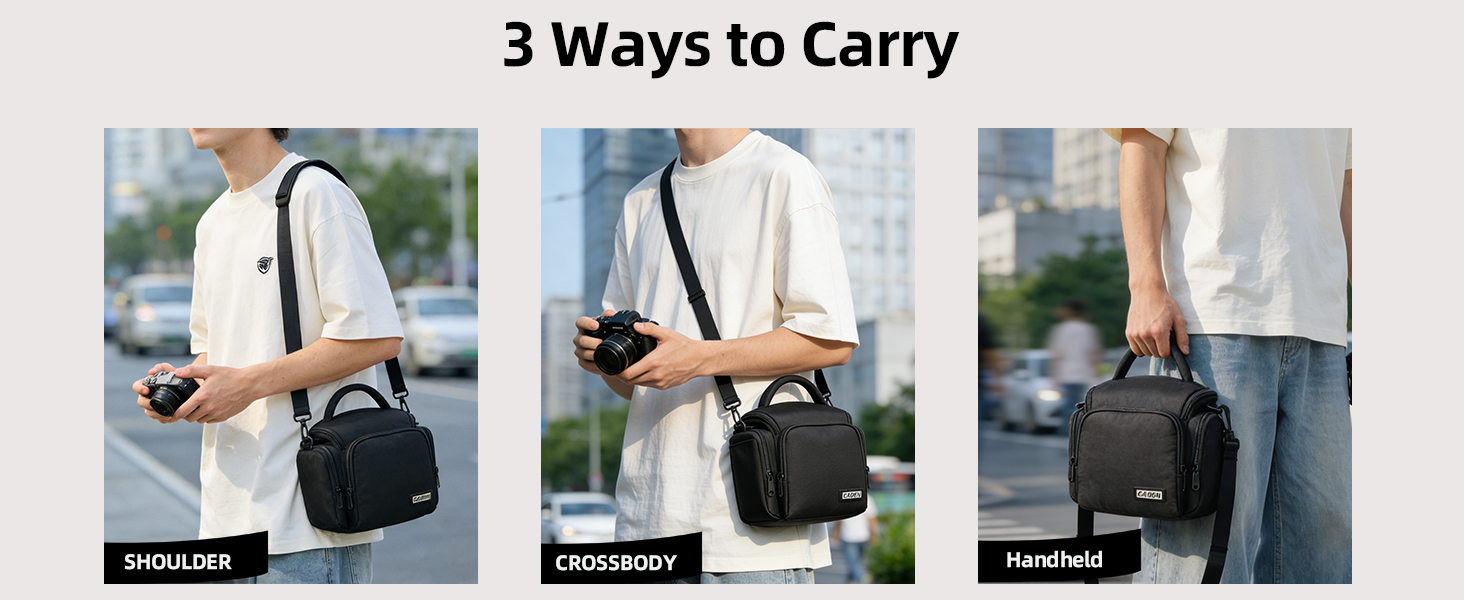 Text reads '3 ways to carry'. Sequence of photos demonstrating different ways to hold and transport a dark-colored bag.