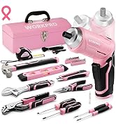 WORKPRO 75-Piece Pink Tools Set, 3.7V Rotatable Cordless Screwdriver and Household Tool Kit, Basi...
